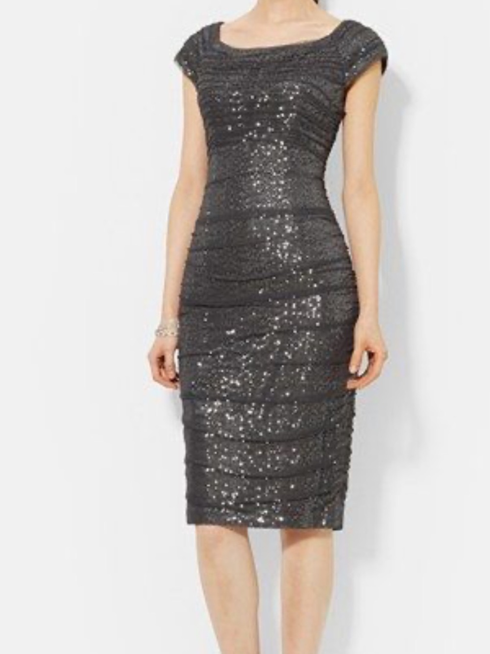 LRL Ralph Lauren Ruched Tulle Sequin Sheath Dress Boatneck Cap Sleeve Lined